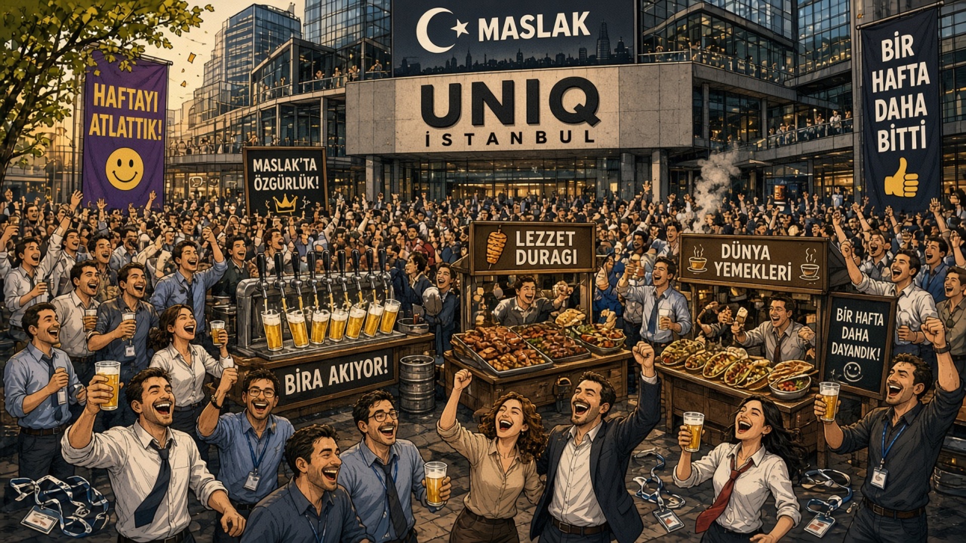 Maslak UNIQ İstanbul: Cuma Akşamı Avluda Açık Hava Bira Kuyrukları